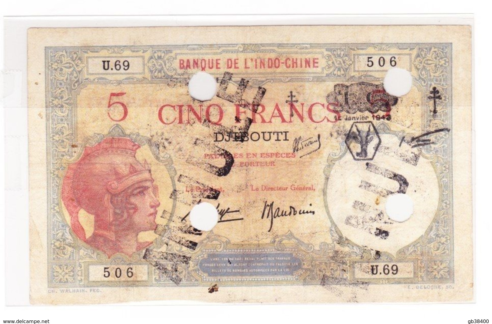 INDOCHINE 5 FRANCS DJIBOUTI JANVIER 1943 ANNULE OCCASION - Indochina