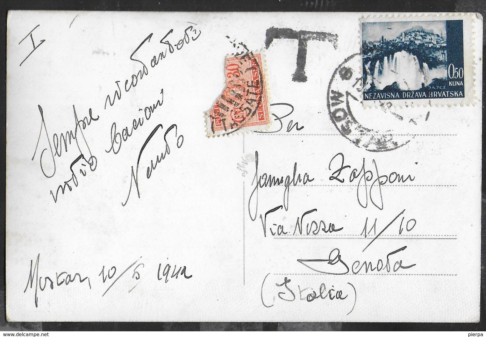 STORIA POSTALE REGNO - CARTOLINA FORMATO PICCOLO DA MOSTAR 10.05.1942 OER GENOVA -TASSATA ALL'ARRIVO - Andere & Zonder Classificatie