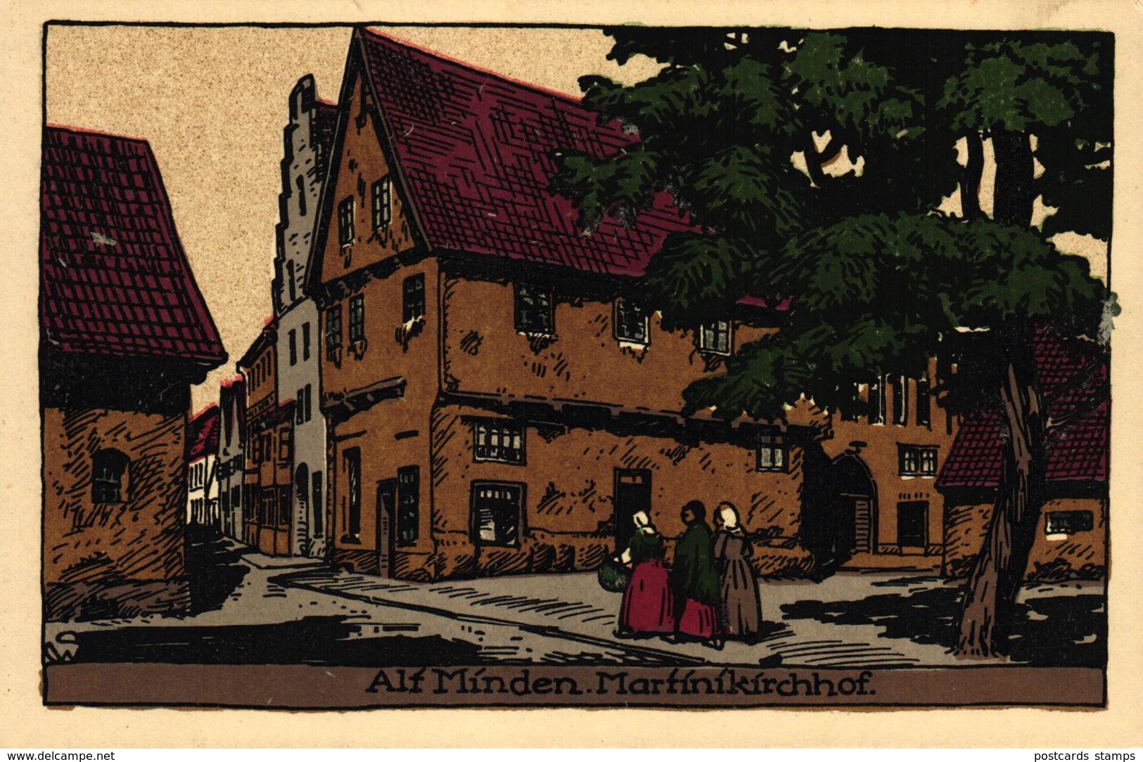 Minden, Alt-Minden, Martinikirchhof, Steindruck AK, Um 1920 - Minden