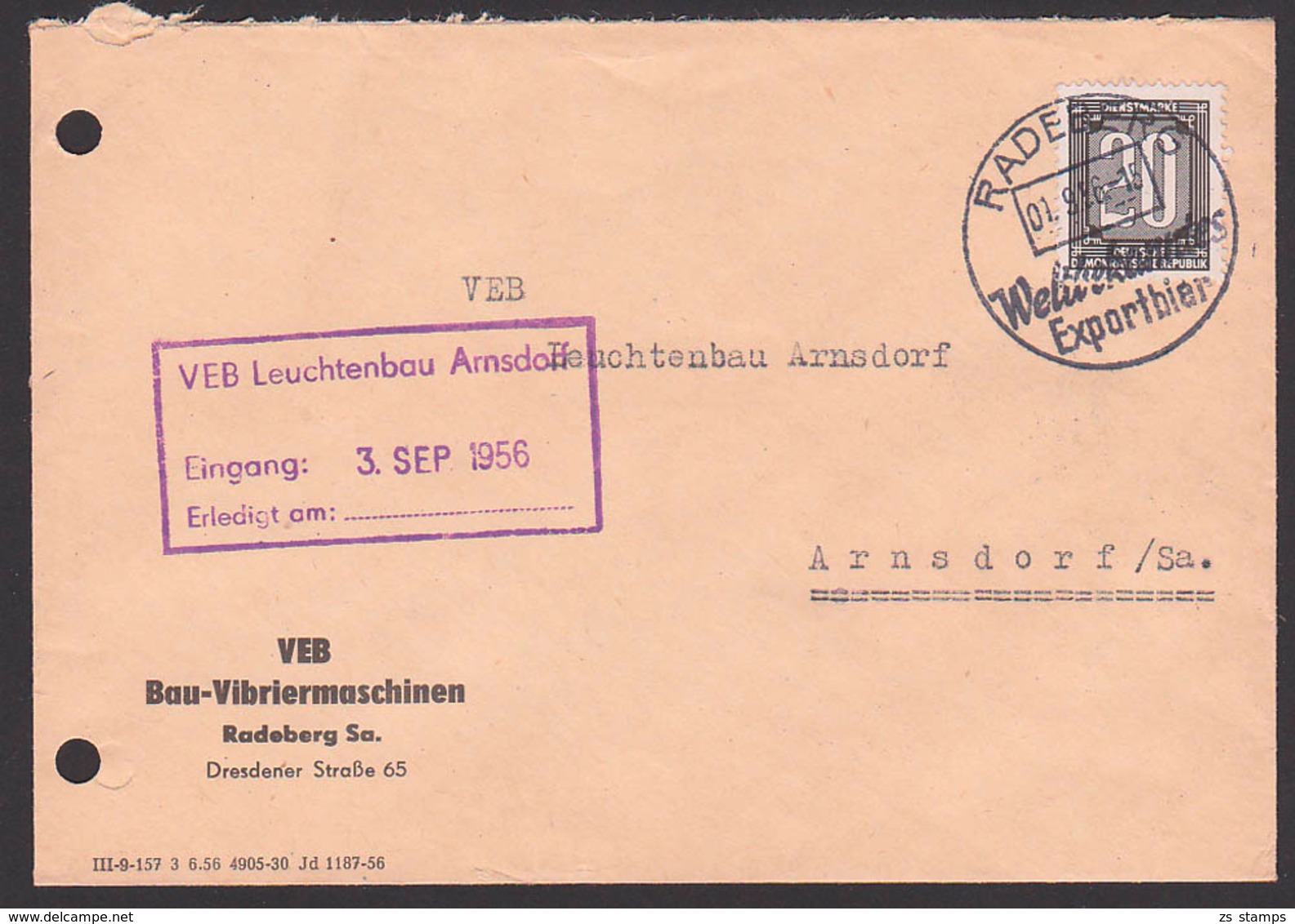 RADEBERG ZKD-Brief Mit 20 Pf. B3 SoSt. Weltbekanntes Exportbier - Radeberger - Abs. VEB Vibriermaschinen N. Arnsdorf - Andere & Zonder Classificatie