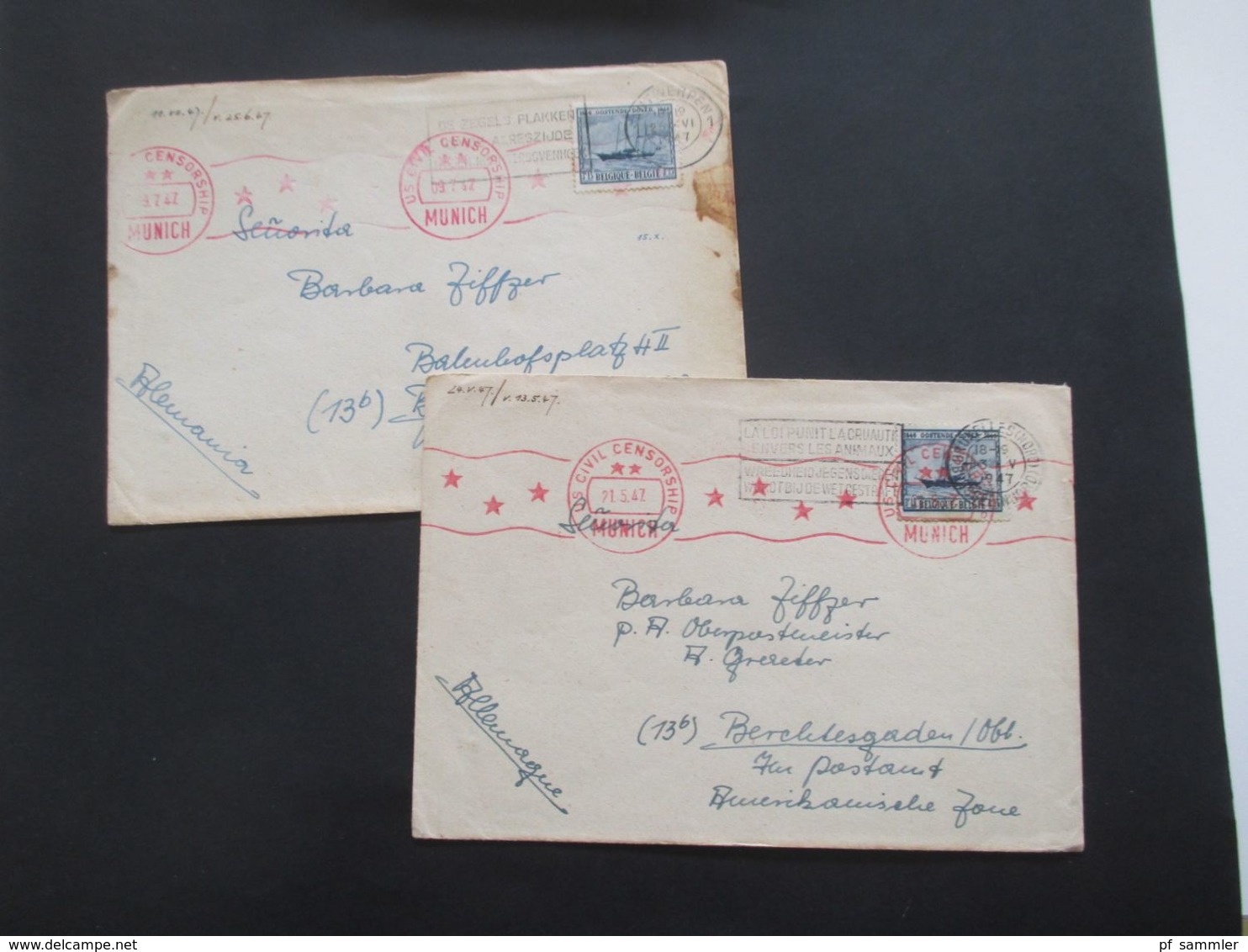 Belgien 1947 Belege Mit Zensurstempel US Civil Censorship Munich Nach Berchtesgaden Im Postamt Amerikanische Zone - Cartas & Documentos