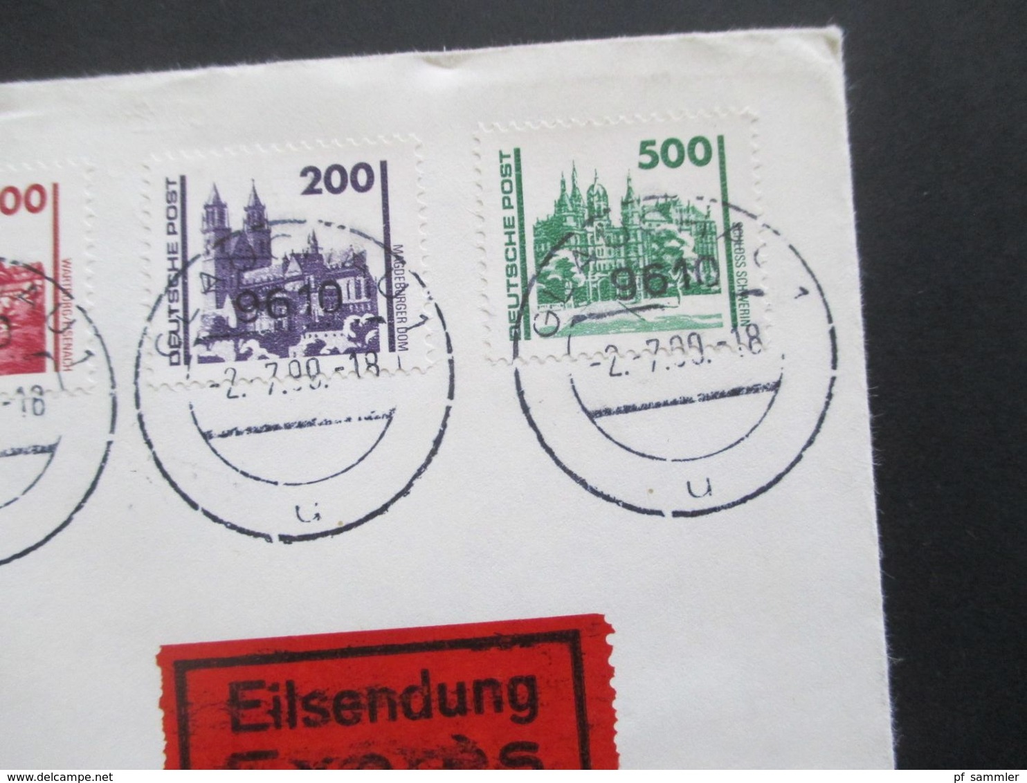 DDR 1990 / 91 Bauwerke und Denkmäler 5 besondere Belege Stempeldatum / Leerfelfelder / Eilsendung. Aus Glauchau