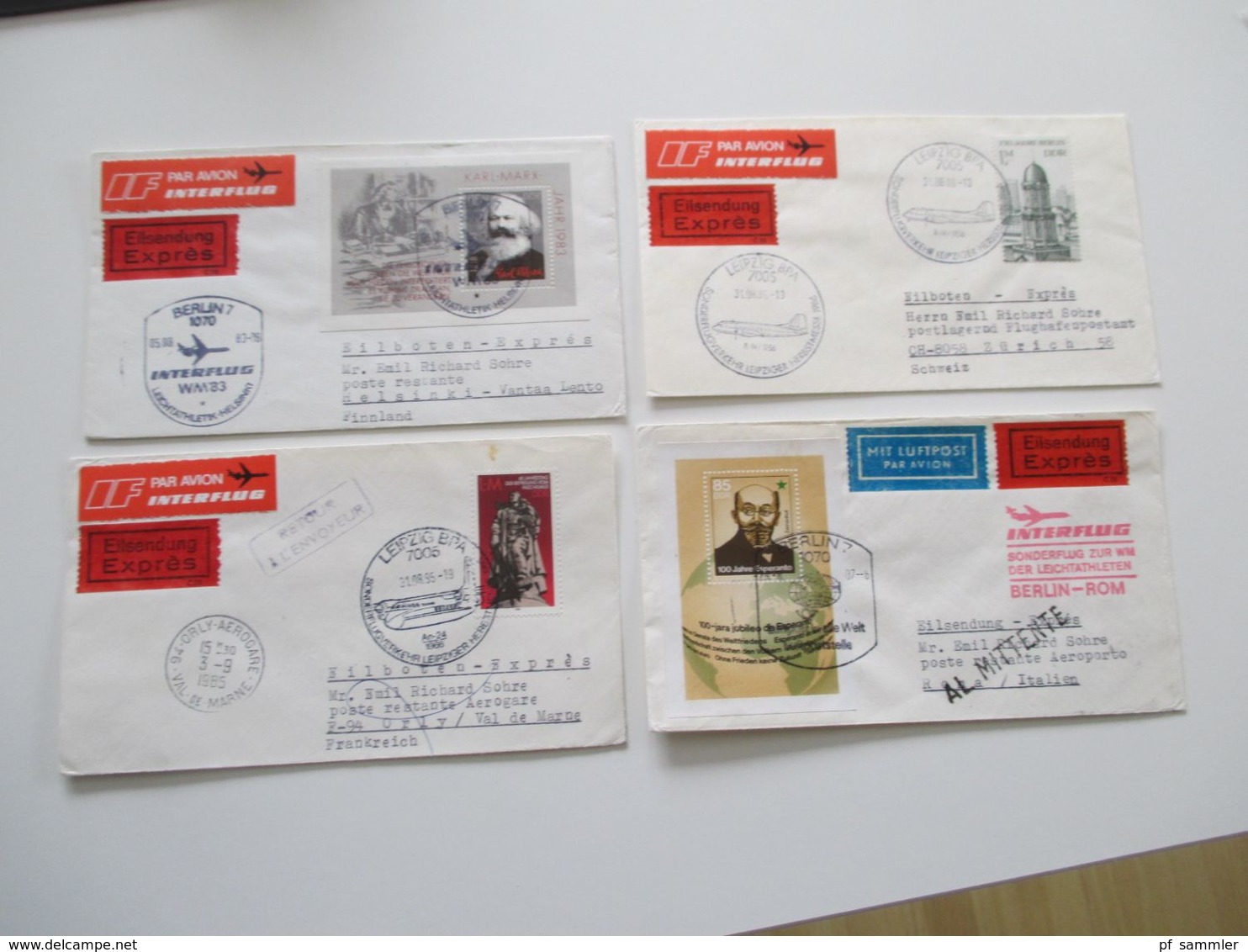 DDR 1980er Jahre 4 Interflug Belege Mit Luftpost / Eilsenung Express Auch 2 Block Belege / Viele Stempel - Lettres & Documents