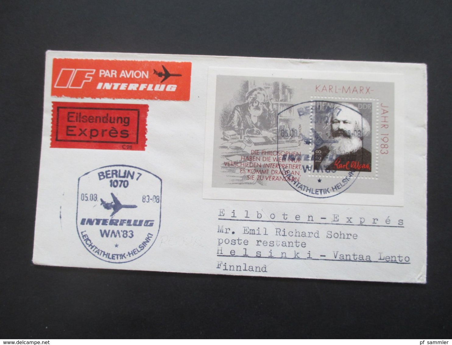 DDR 1980er Jahre 4 Interflug Belege Mit Luftpost / Eilsenung Express auch 2 Block Belege / viele Stempel