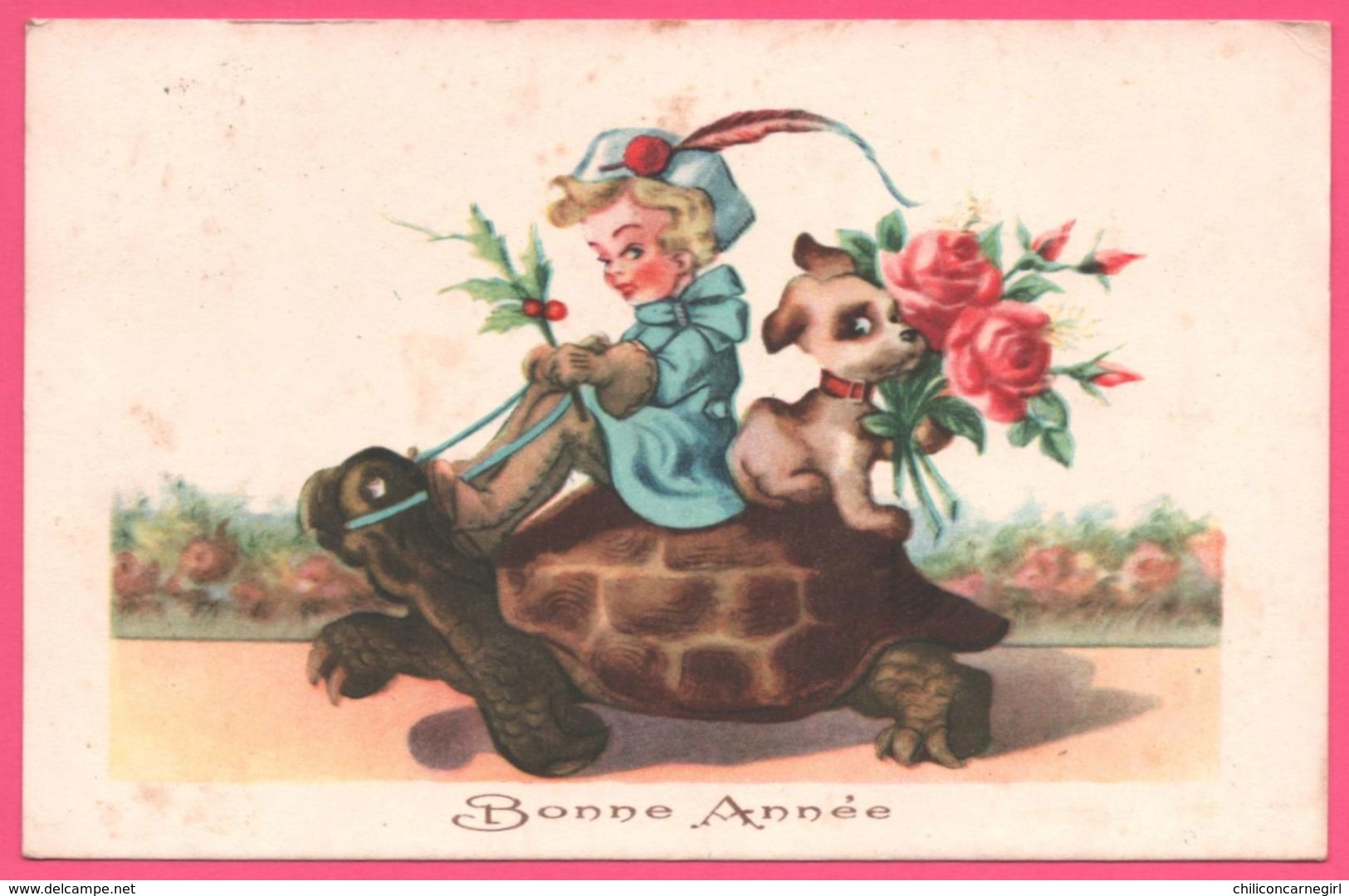 Fantaisie - Bonne Année - Fillette à Dos De Tortue - Rose - Chiot - Animée - Schildkröten