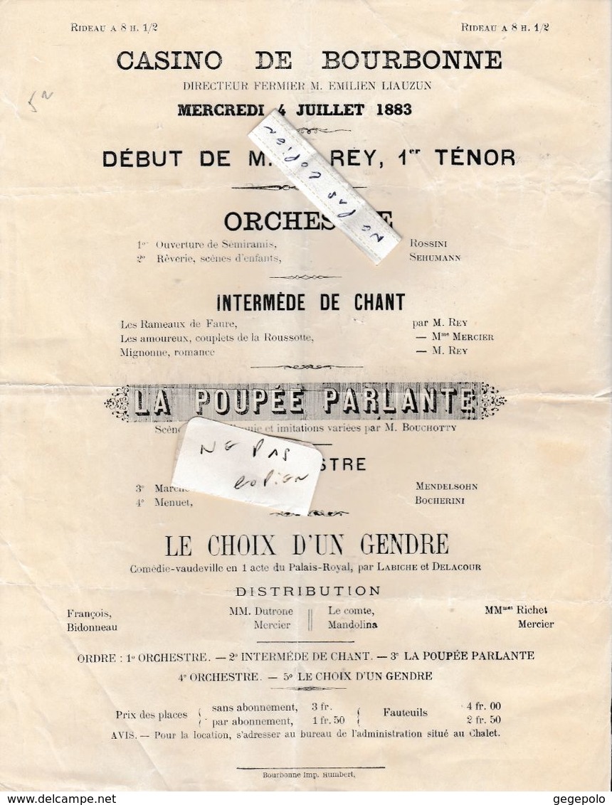 52 - Casino De BOURBONNE  - Programme Du Mercredi 4 Juillet 1883 - Programma's