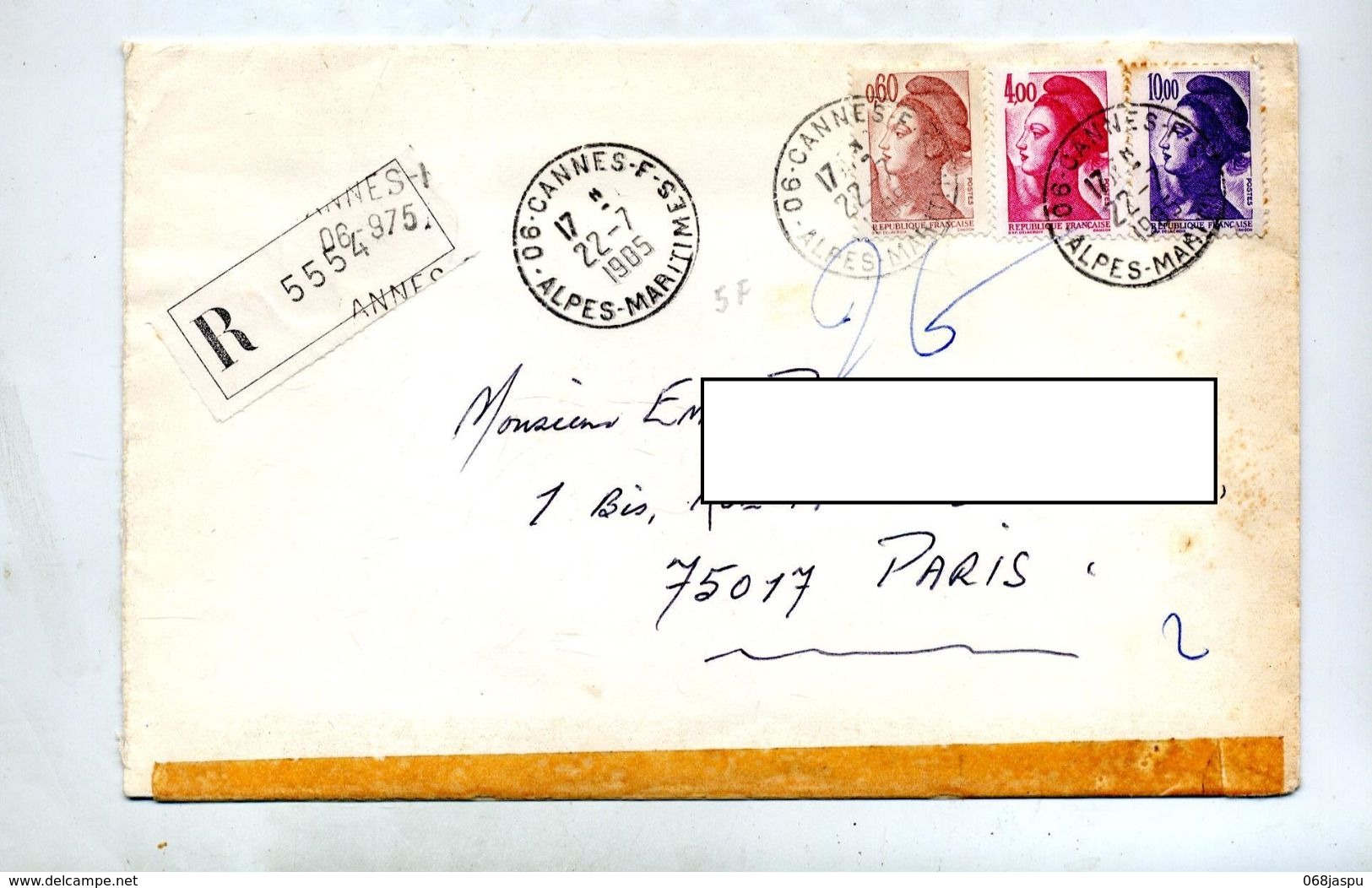 Lettre Recommandée Cannes  F Sur Gandon - Manual Postmarks