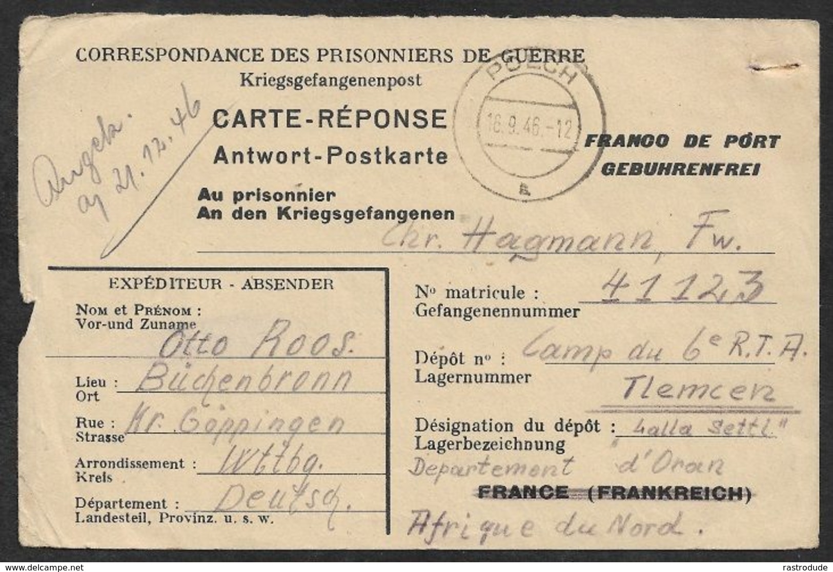 1946 KGF -  PRISONNIERS DE GUERRE  KRIEGSGEFANGENENPOST  -BÜCHENBRONN POECH Ins LAGER TIEMCEN, ALGERIEN - Storia Postale