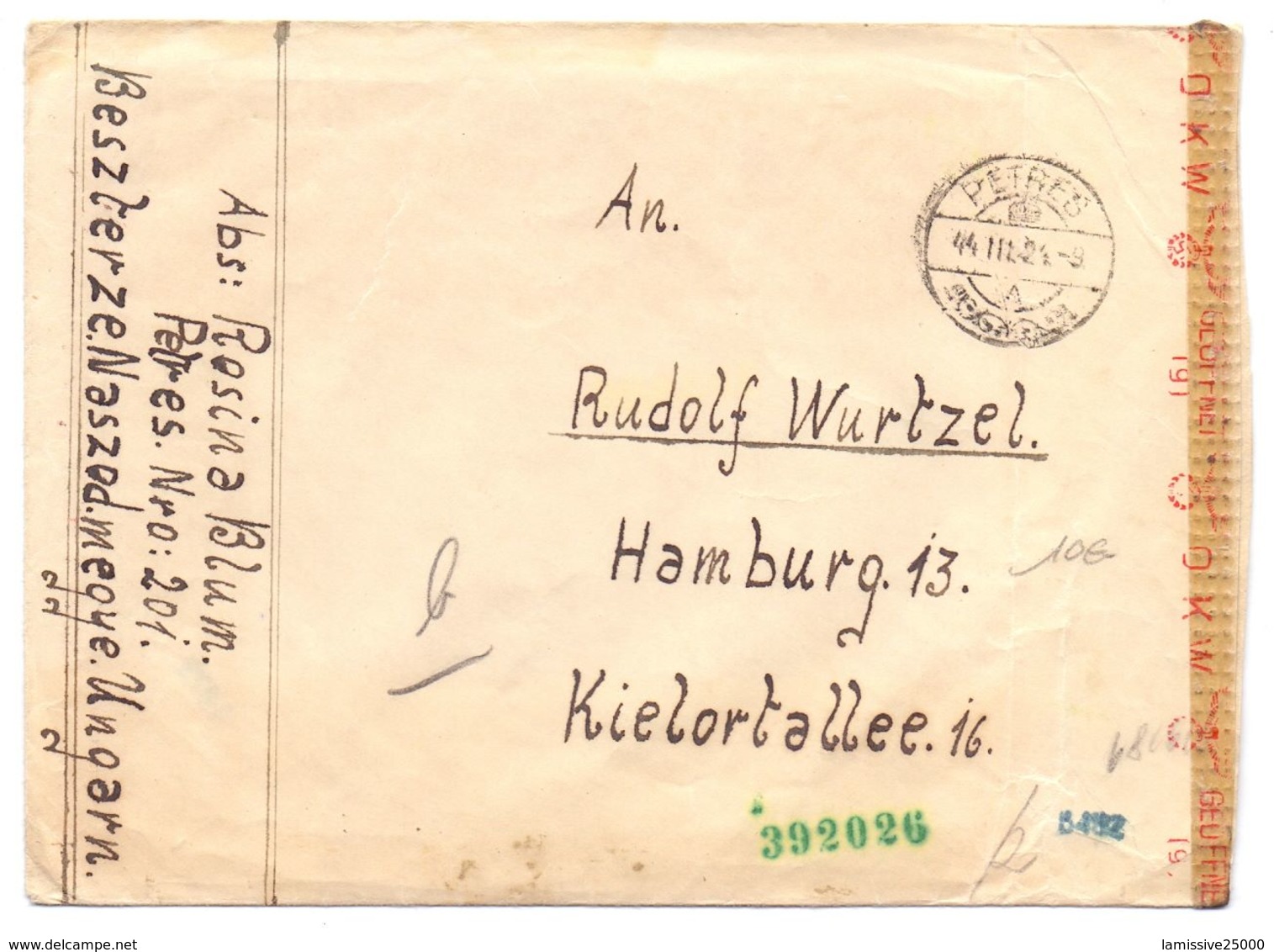 Hongrie Lettre En Franchsie Avec Censur De Petres Pour Hamburg Allemagne - Poststempel (Marcophilie)