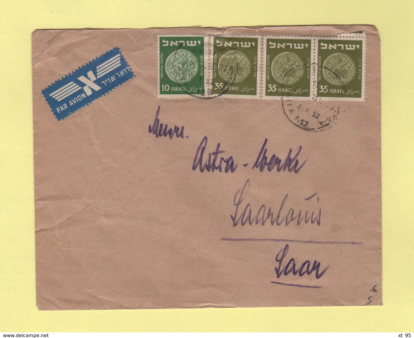 Israel - 1953 - Destination Saarlouis - Storia Postale