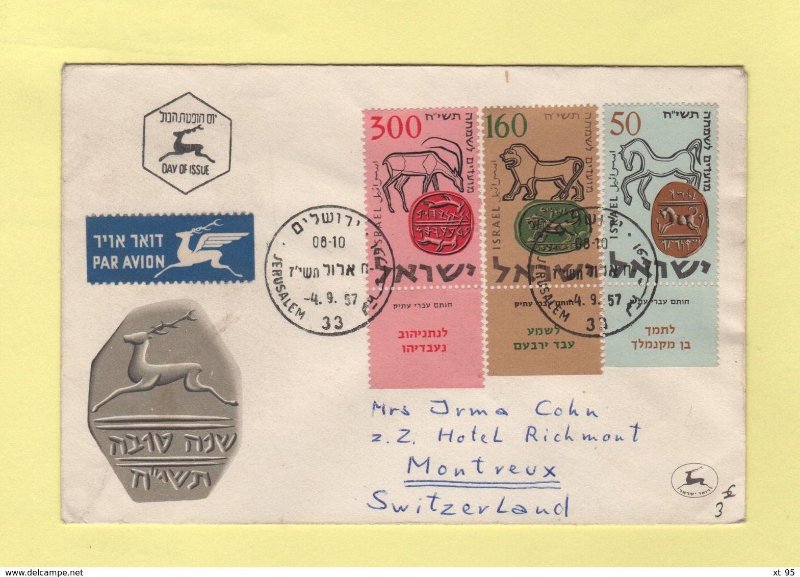 Israel - FDC - 1957 - Destination Suisse - Sceaux Des Rois D Israel - Briefe U. Dokumente