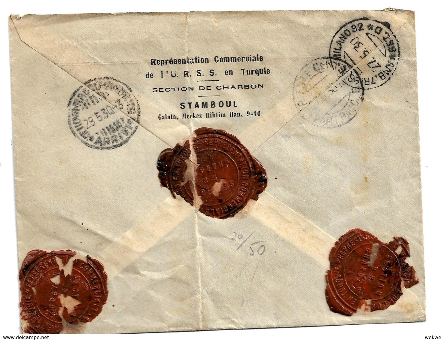 Tur170 / TÜRKEI - Mehrfachfrankatur, Schmied Mit Wolf, 1930, Sowjetische Handelsvertretung Nach Genova - Lettres & Documents