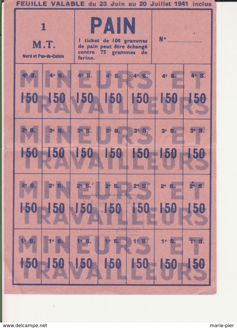 Ticket Rationnement  Pain 1941 Comines (nord) - 1900 – 1949