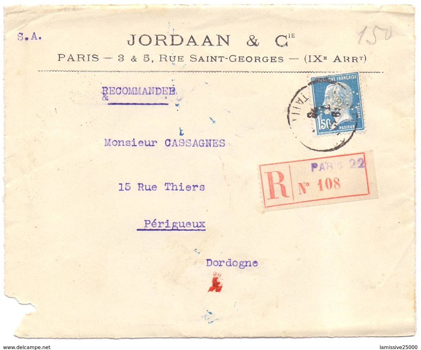 France Devant De Lettre Pasteur Perforé Perfin Lochum J & C Jordaan & Cie - Other & Unclassified