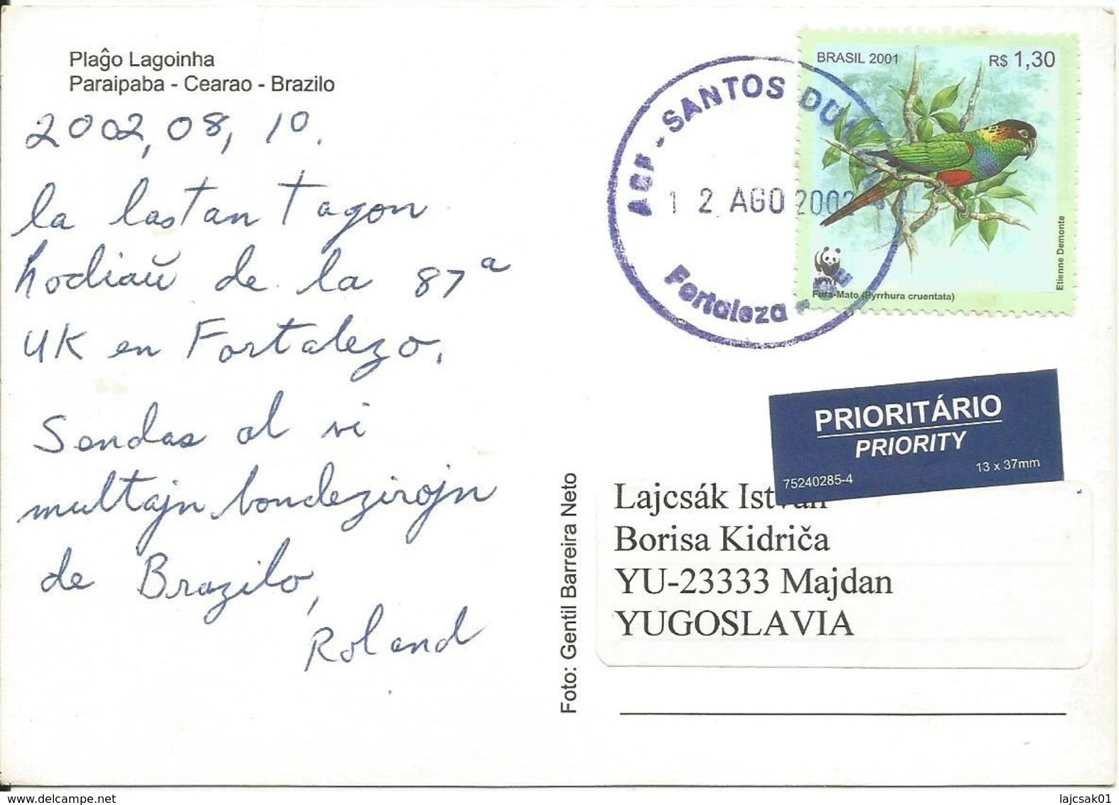 Plago Lagoinha Paraipaba Cearao 2002. With Bird Stamp - Fortaleza