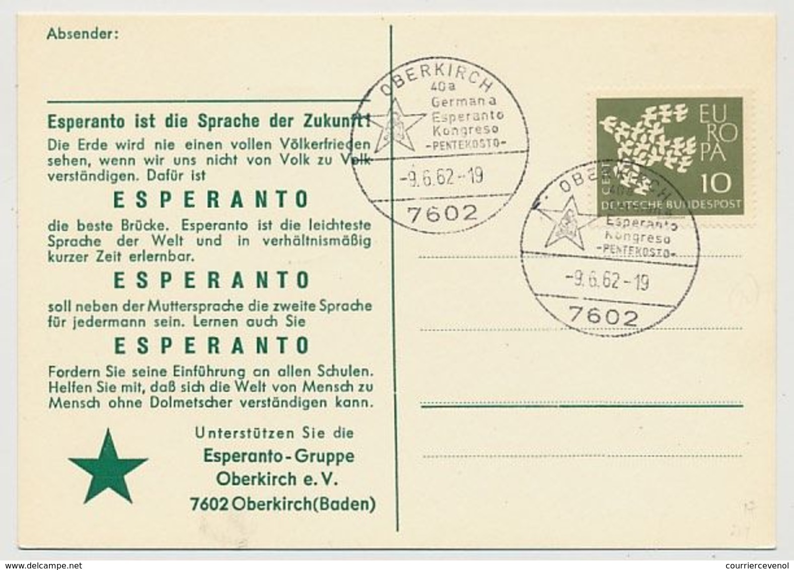 ALLEMAGNE - Carton. 40eme Congrès Espéranto - Pentecôte 1962 - OBERKIRCH - Esperánto