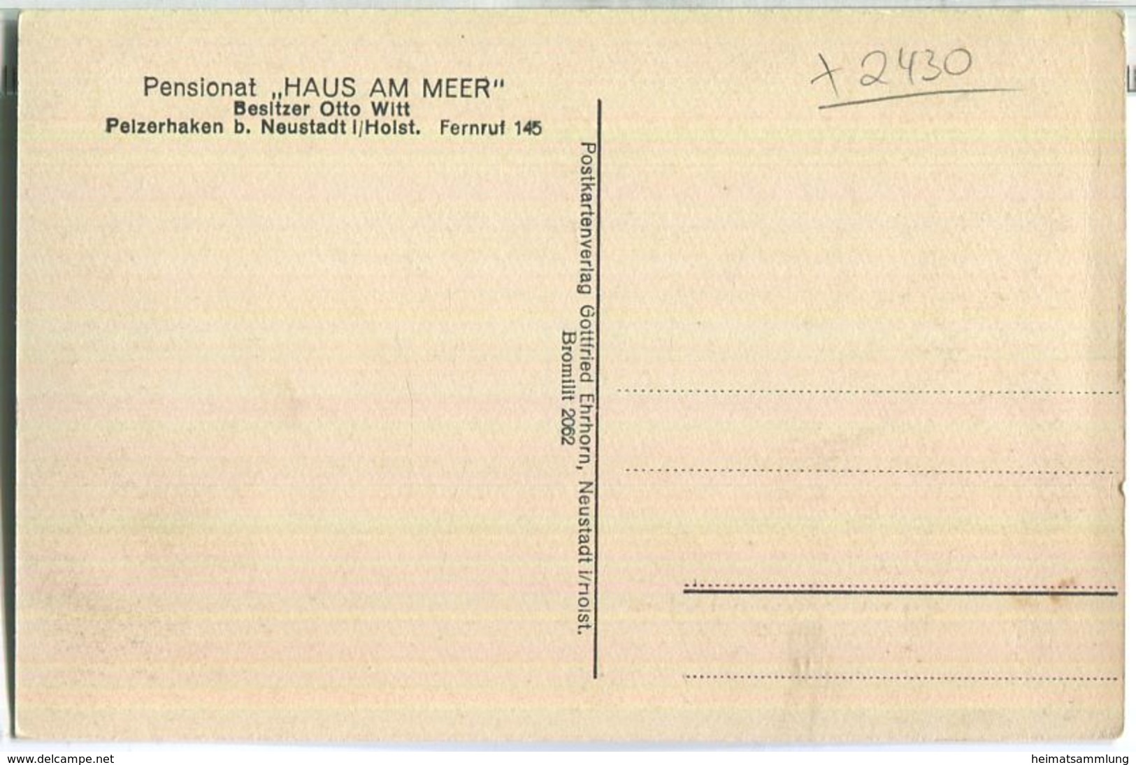 Pelzerhaken - Pensionat Haus Am Meer - Besitzer Otto Witt - Verlag Gottfried Ehrhorn Neustadt - Neustadt (Holstein)