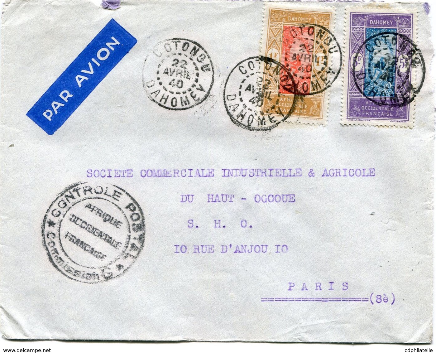 DAHOMEY LETTRE PAR AVION CENSUREE DEPART COTONOU 22 AVRIL 40 DAHOMEY POUR LA FRANCE - Storia Postale