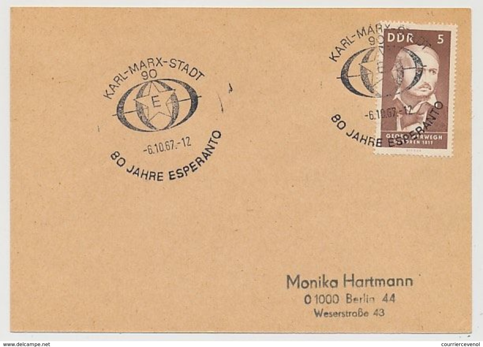 ALLEMAGNE DDR - CP - Cachet "80 Ans D'Espéranto - Karl Marx Stadt 1967" - Esperanto