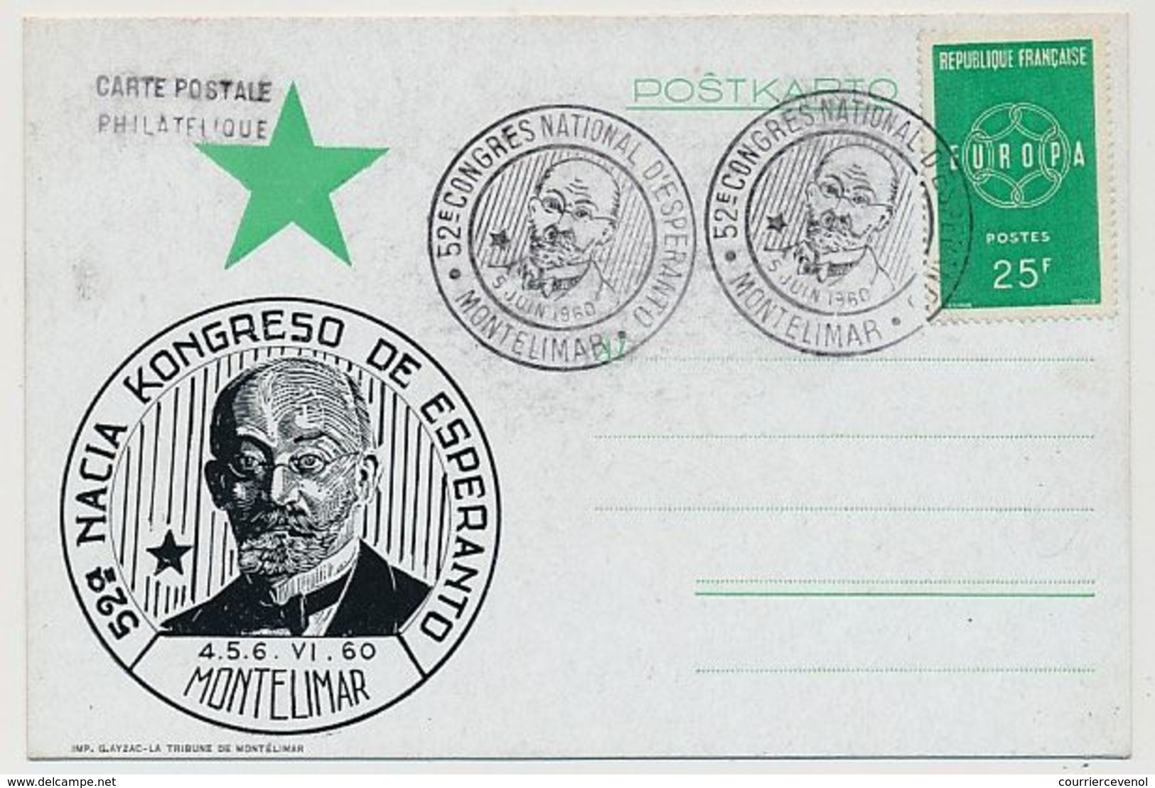 FRANCE - CP Portrait De Zamenhof - Cachet Temporaire "52eme Congrès National D'Espéranto - MONTELIMAR - 1960" - Esperánto