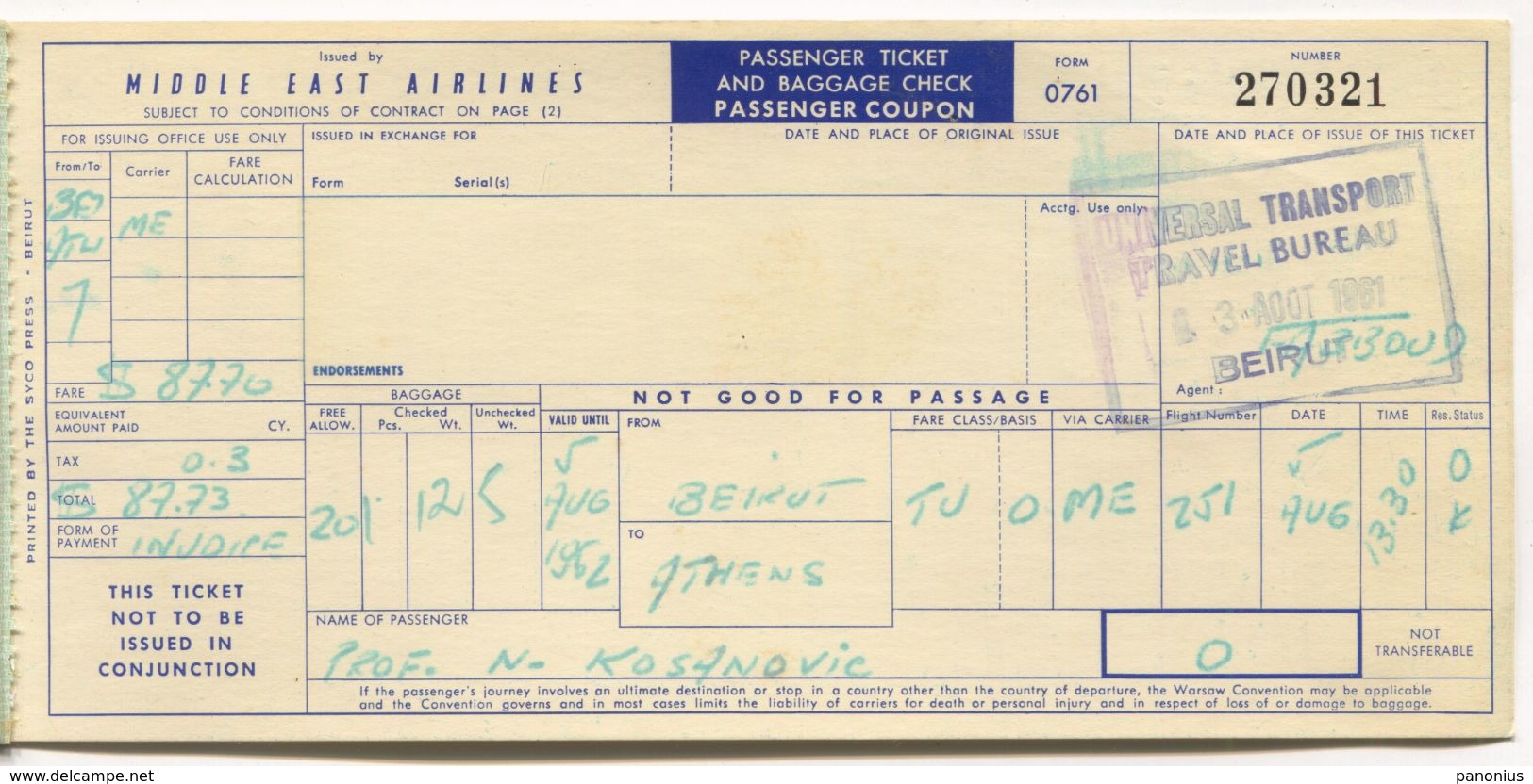 MEA /  MIDDLE EAST AIRLINES - BEIRUT LEBANON LIBAN, PASSENGER TICKET & BAGGAGE CHECK, BILLET COUPON, Year 1961 - Biglietti