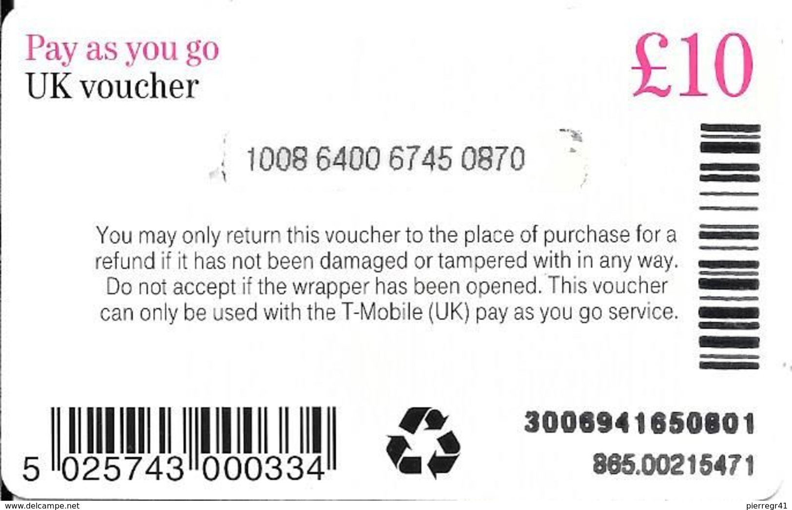CARTE-PREPAYEE-GB-T-Mobile-10£-UK VOUCHER-Gratté-Plastic Epais-TBE-RARE - BT Global Cards (Prepaid)