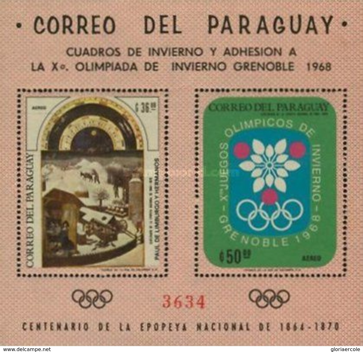 SW1852 - Paraguay (50 ₲) 1968 -   Winter Olympic Games - Grenoble, France -   MNH  Minisheet - Winter 1968: Grenoble