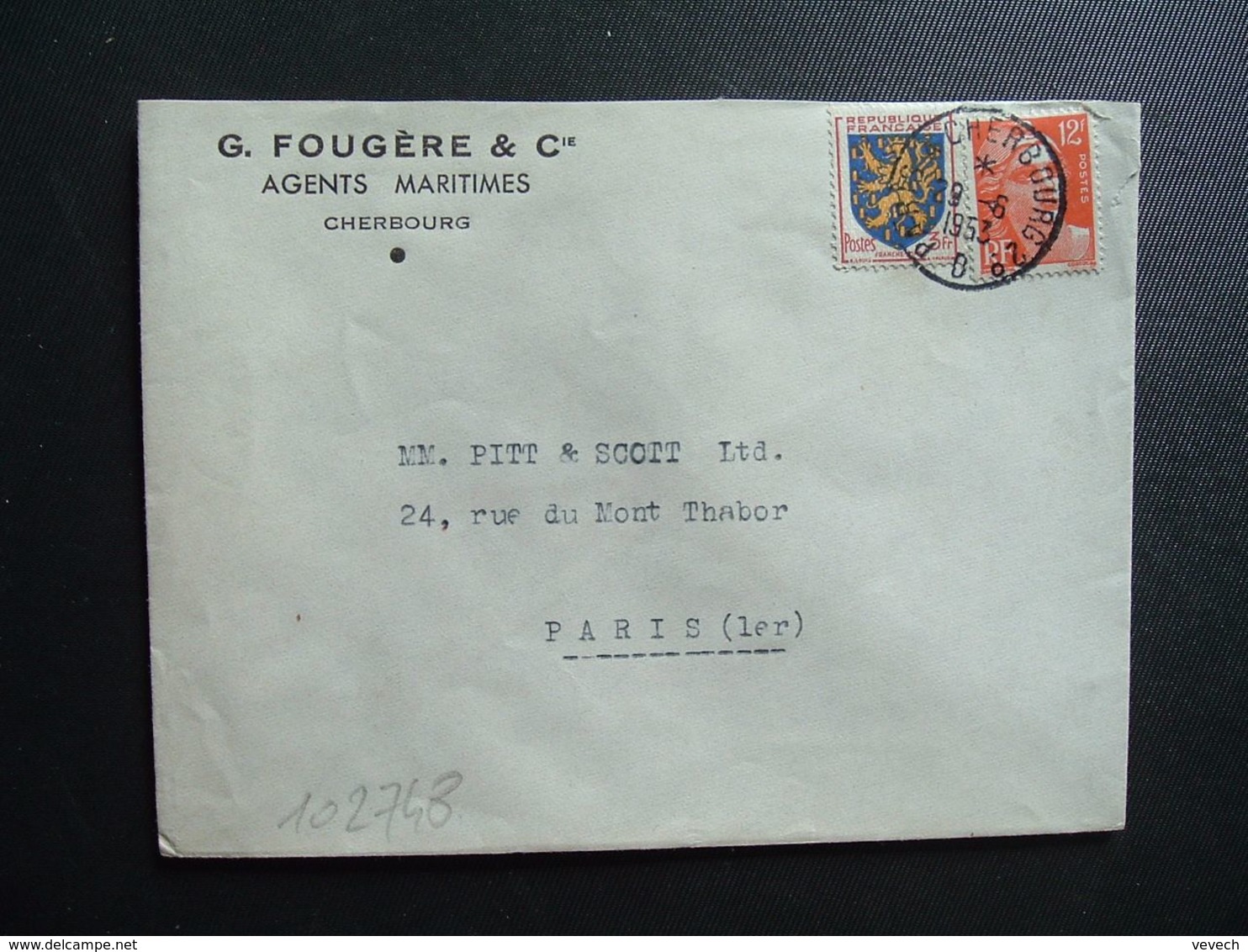 LETTRE TP M. DE GANDON 12F+FRANCHE-COMTE 3F OBL. AMBULANT 29-6 1953 PARIS A CHERBOURG 2° D (50 MANCHE) G. FOUGERES & Cie - Correo Ferroviario