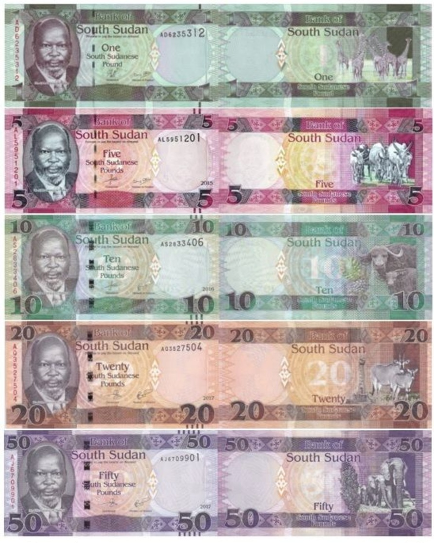 SOUTH SUDAN 1 5 10 20 50 Pounds (2011) 2015 2016 2017 P 5 11 12 13 14 UNC 5 Banknotes - Sudán Del Sur