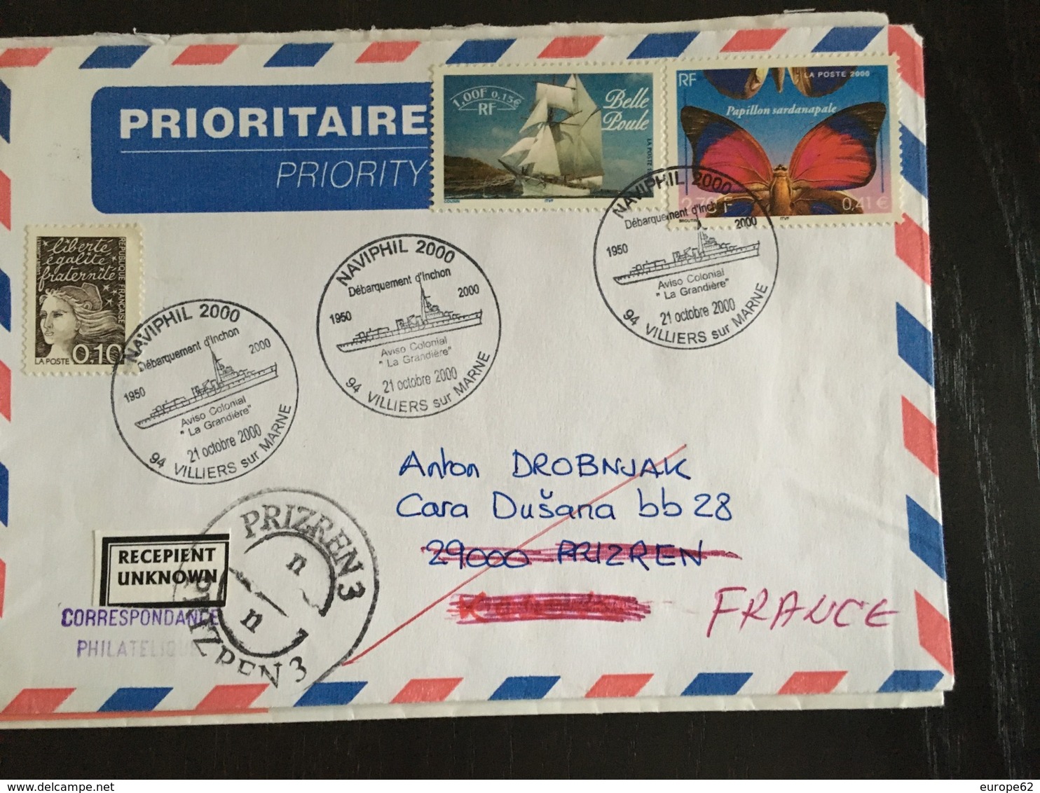 Villiers Sur Marne 2000 Naviphil Aviso La Grandiere Débarquement D’Inchon Retour à L’envoyeur - Commemorative Postmarks