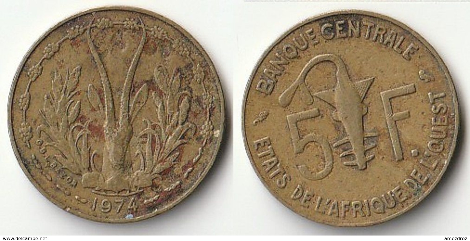 Pièce De 5 Francs CFA XOF 1974 Origine Côte D'Ivoire Afrique De L'Ouest (v) - Côte-d'Ivoire