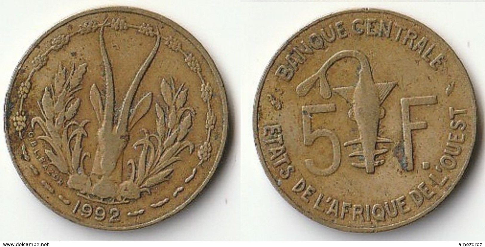 Pièce De 5 Francs CFA XOF 1992 Origine Côte D'Ivoire Afrique De L'Ouest (v) - Côte-d'Ivoire