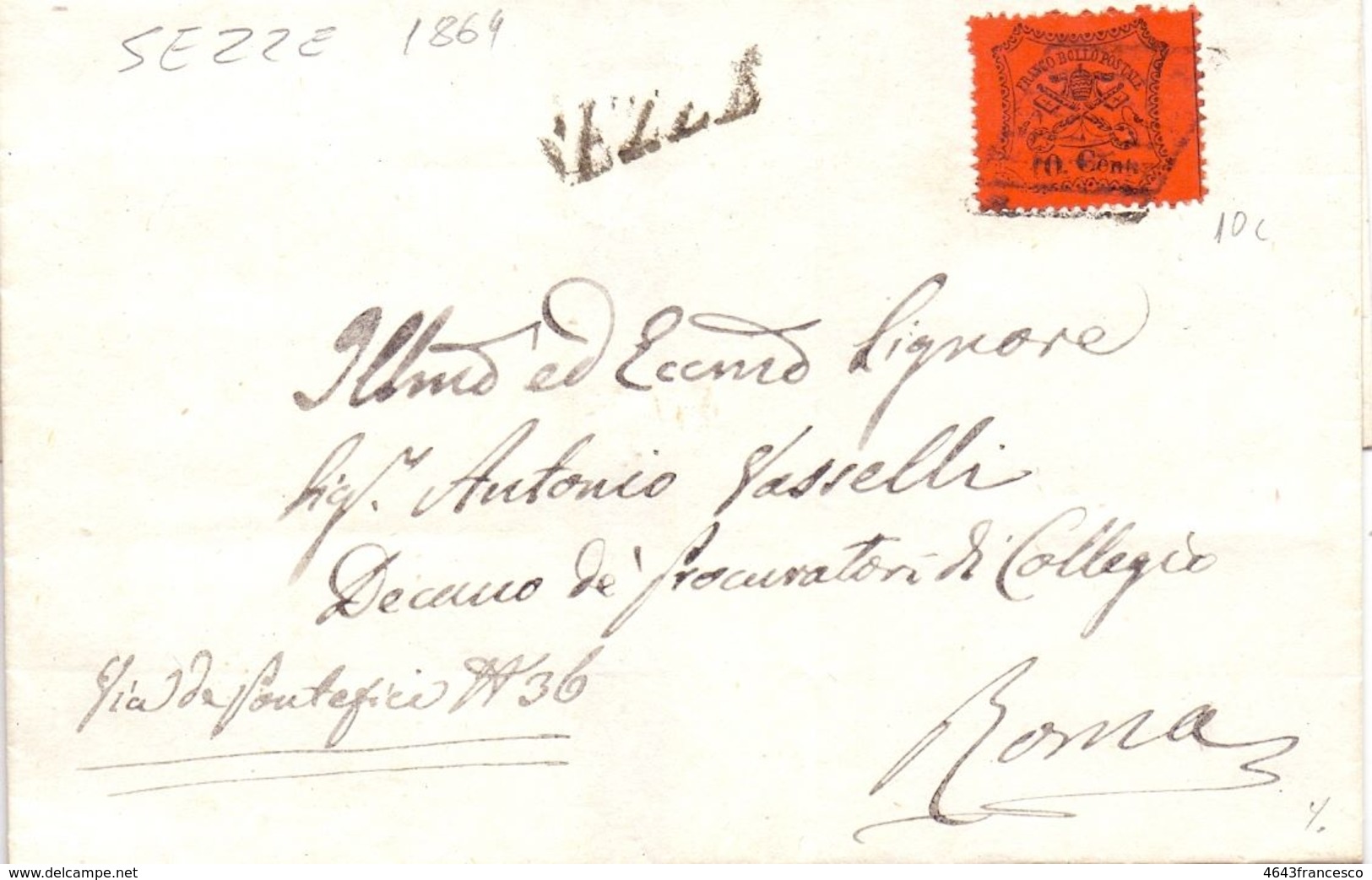 1869 Stato Pontificio Da SEZZE Per Roma  Con 10 Cent. - Stato Pontificio