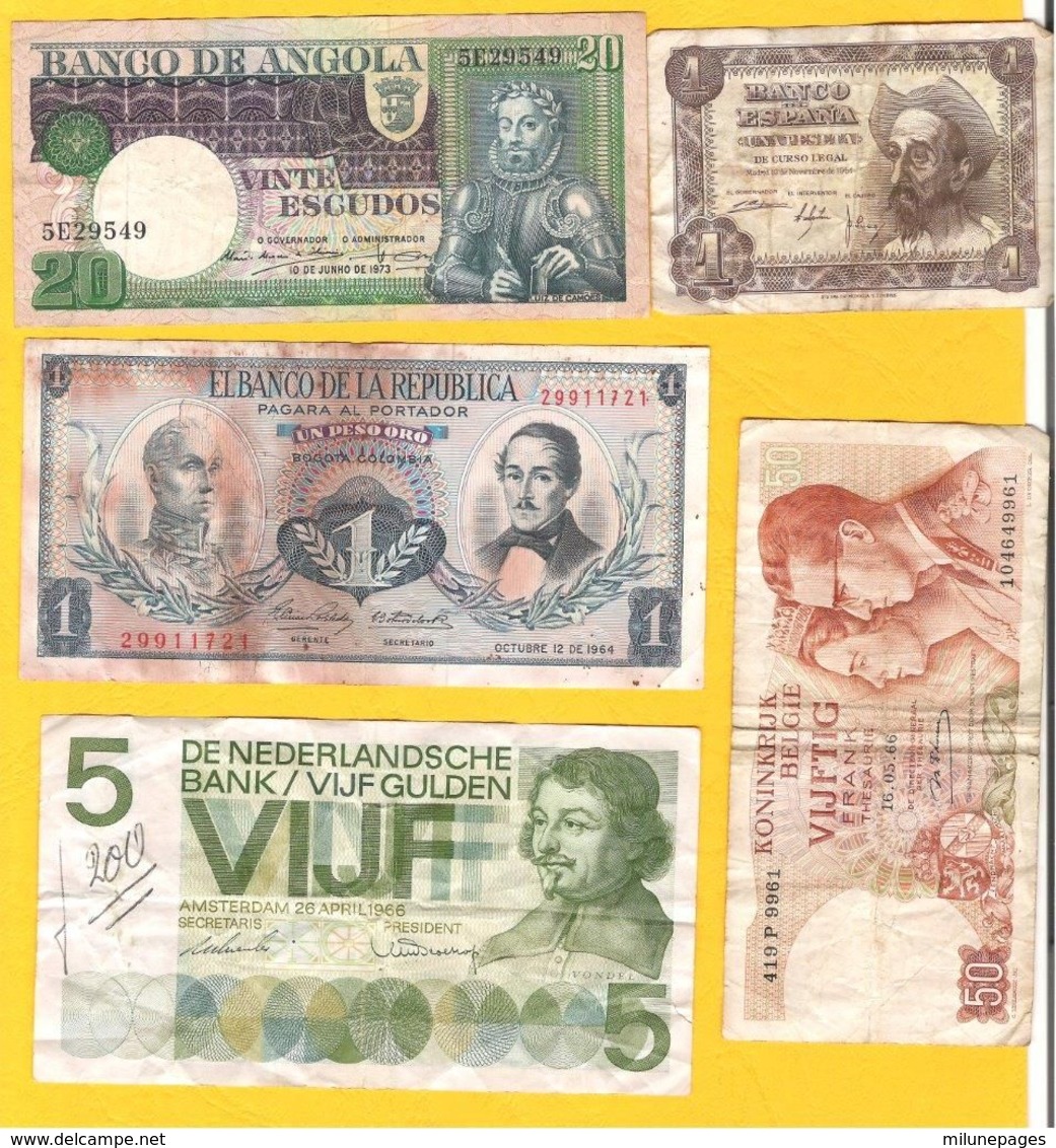 Petit Lot De 5 Billets Dont 20 Escudos Angola 5 Gulden Nederland 1 Peso Oro Colombia - Lots & Kiloware - Banknotes