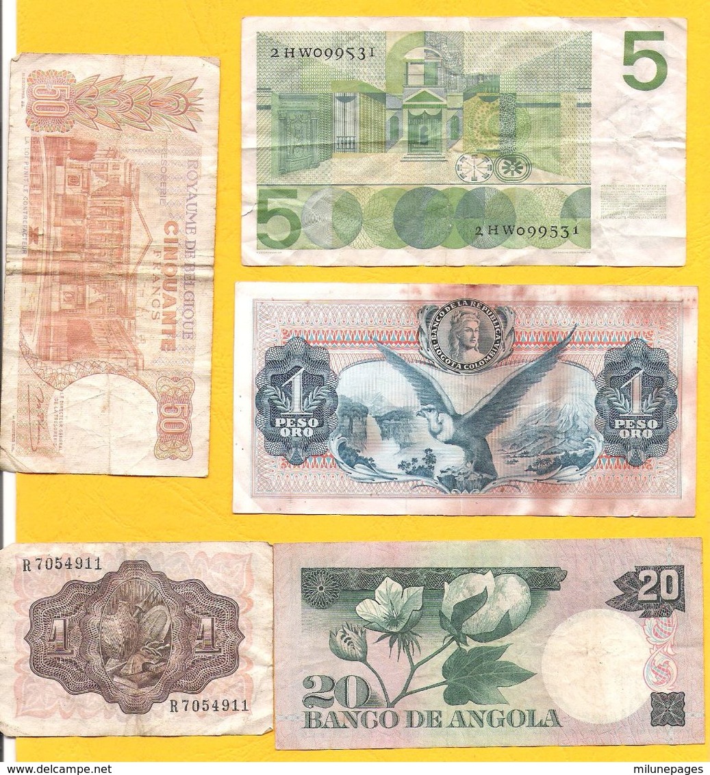 Petit Lot De 5 Billets Dont 20 Escudos Angola 5 Gulden Nederland 1 Peso Oro Colombia - Lots & Kiloware - Banknotes