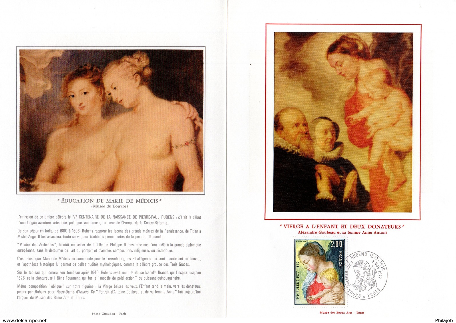 VIERGE A L'ENFANT ET DEUX DONATEURS De RUBENS Sur Encart 1er Jour 4 Pages N°té Sur Soie De 1977 N° YT 1958 FDC - Nudes