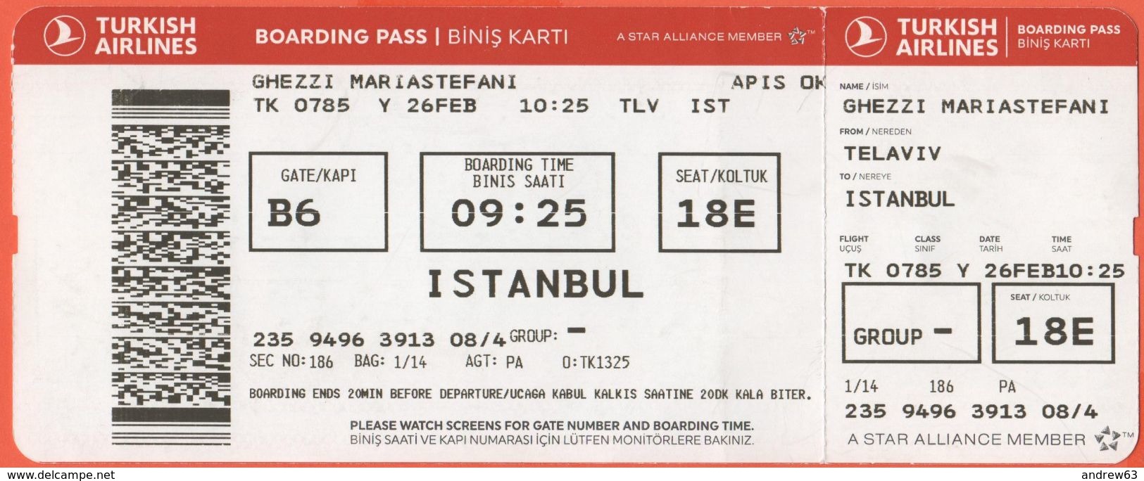 TURKISH AIRLINES - 2020 - BOARDING PASS - BİNİŞ KARTI - TK 0785 - TLV-IST - Telaviv-Istanbul - Welt