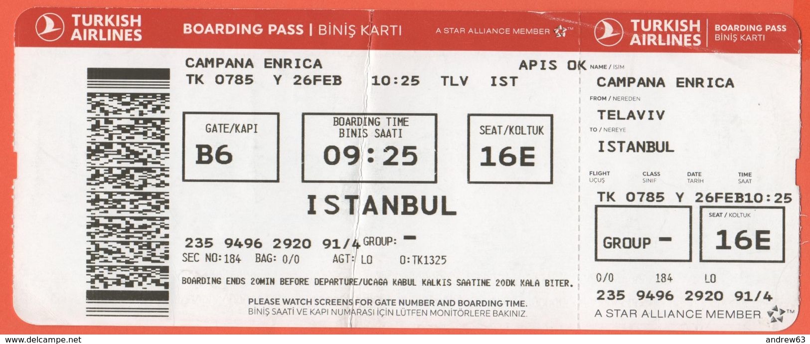 TURKISH AIRLINES - 2020 - BOARDING PASS - BİNİŞ KARTI - TK 0785 - TLV-IST - Telaviv-Istanbul - Welt