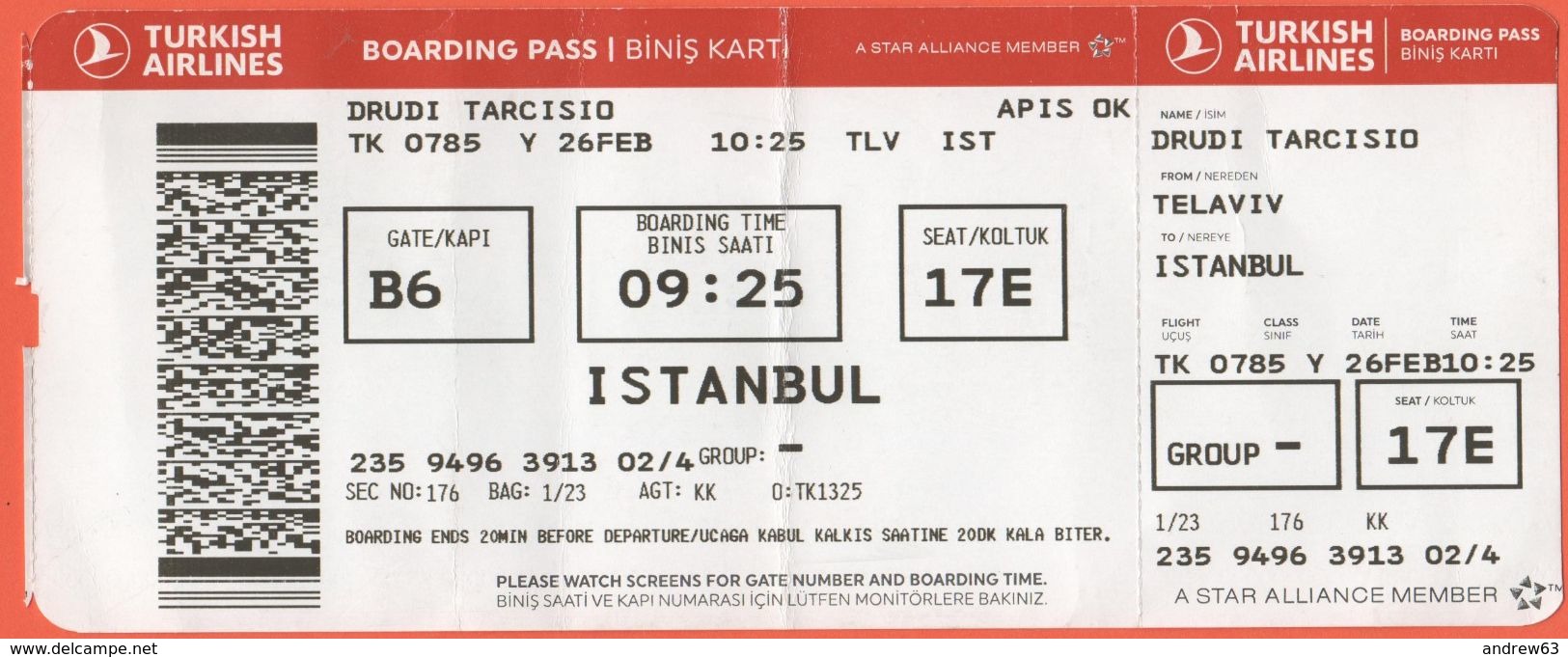 TURKISH AIRLINES - 2020 - BOARDING PASS - BİNİŞ KARTI - TK 0785 - TLV-IST - Telaviv-Istanbul - Mundo