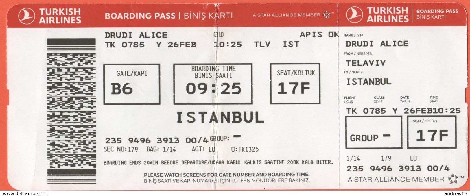 TURKISH AIRLINES - 2020 - BOARDING PASS - BİNİŞ KARTI - TK 0785 - TLV-IST - Telaviv-Istanbul - Welt