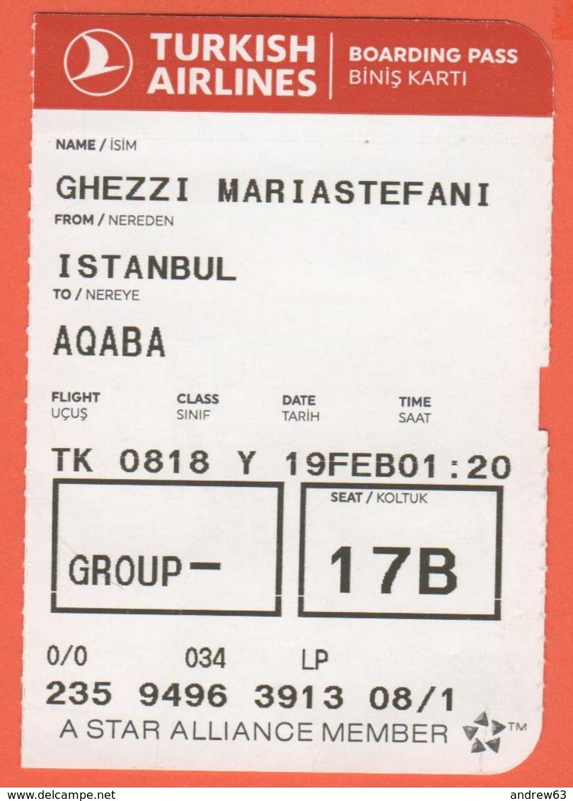 TURKISH AIRLINES - 2020 - BOARDING PASS - BİNİŞ KARTI - TK 0818 - IST-AQJ - Istanbul-Aqaba - World