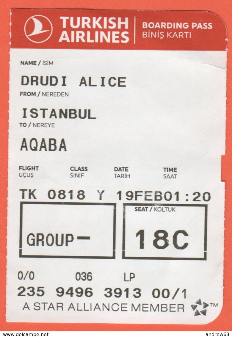 TURKISH AIRLINES - 2020 - BOARDING PASS - BİNİŞ KARTI - TK 0818 - IST-AQJ - Istanbul-Aqaba - Welt