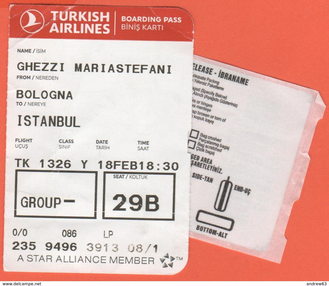 TURKISH AIRLINES - 2020 - BOARDING PASS - BİNİŞ KARTI - TK 1326 - BLQ-IST - Bologna-Istanbul - Wereld