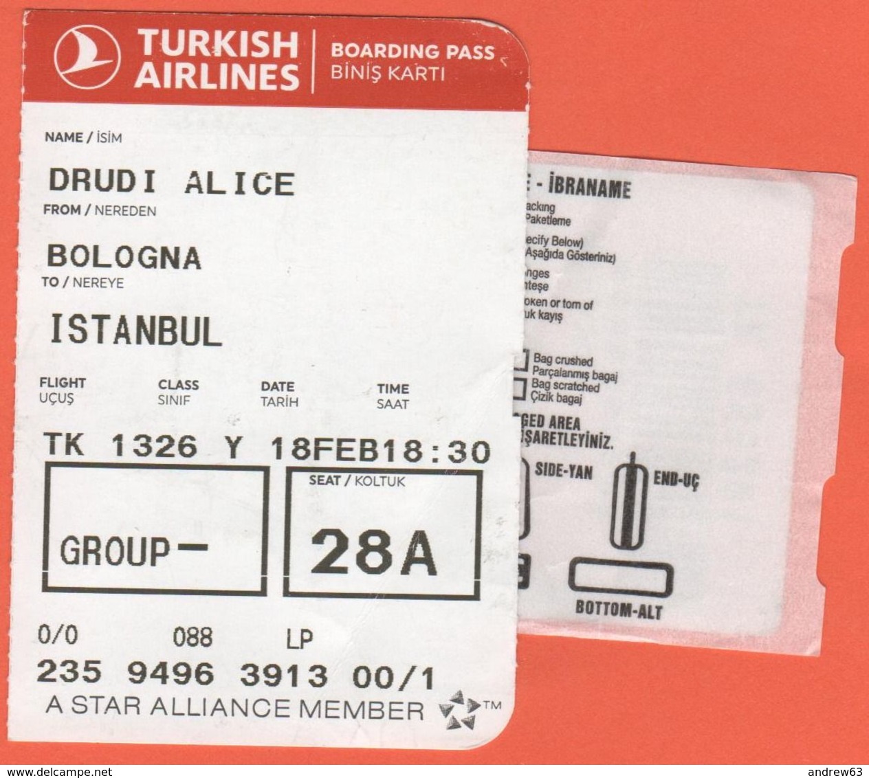 TURKISH AIRLINES - 2020 - BOARDING PASS - BİNİŞ KARTI - TK 1326 - BLQ-IST - Bologna-Istanbul - World