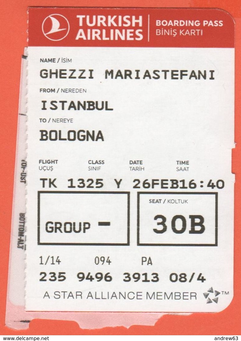 TURKISH AIRLINES - 2020 - BOARDING PASS - BİNİŞ KARTI - TK 1325 - IST-BLQ - Istanbul-Bologna - World