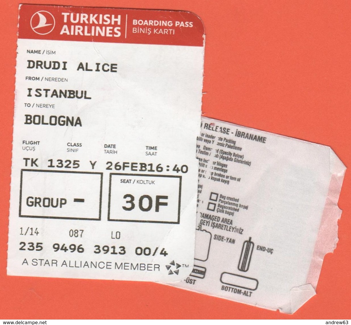 TURKISH AIRLINES - 2020 - BOARDING PASS - BİNİŞ KARTI - TK 1325 - IST-BLQ - Istanbul-Bologna - Welt