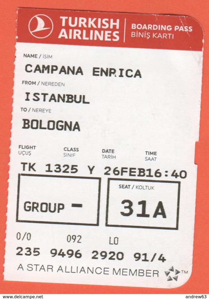 TURKISH AIRLINES - 2020 - BOARDING PASS - BİNİŞ KARTI - TK 1325 - IST-BLQ - Istanbul-Bologna - Monde
