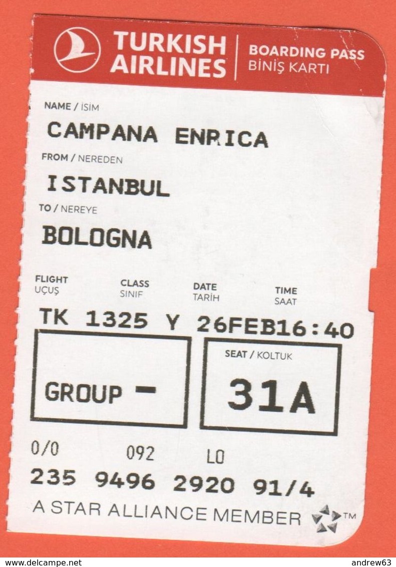 TURKISH AIRLINES - 2020 - BOARDING PASS - BİNİŞ KARTI - TK 1325 - IST-BLQ - Istanbul-Bologna - World