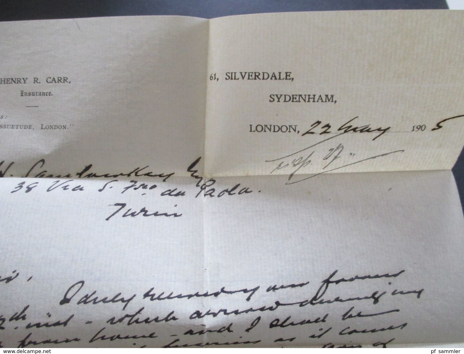 GB 1905 Brief Von London Nach Turin Mit Inhalt Briefpapier Henry R. Carr Ensurance Telegrams Assuetude London - Brieven En Documenten