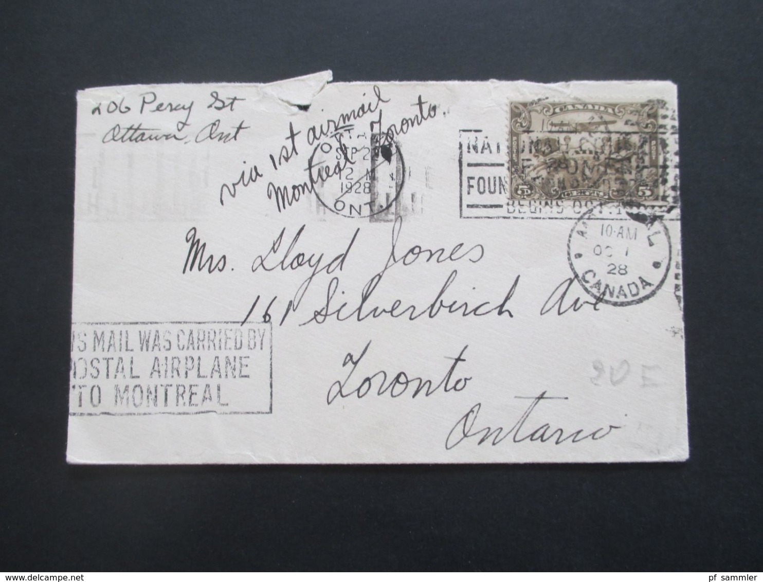 Kanada 1928 Via 1st Airmail Montreal - Toronto Stempel This Mail Was Carried By Postal Airplane To Montreal - Brieven En Documenten